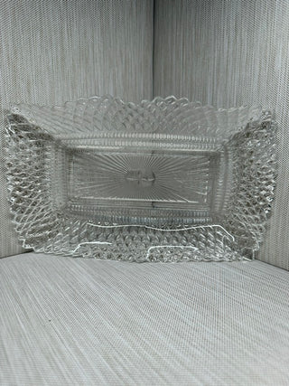 Vintage Clear Cut Glass Trinket Tray Diamond Point Pattern Ruffled Edge Dish