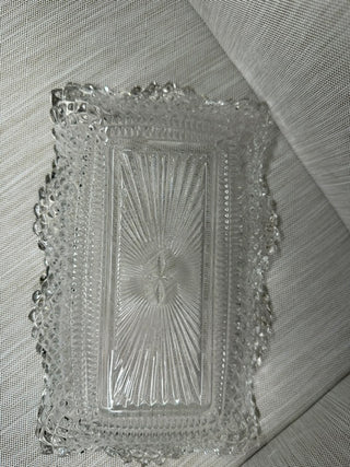 Vintage Clear Cut Glass Trinket Tray Diamond Point Pattern Ruffled Edge Dish
