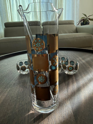 Culver Carnival Turquoise and Gold Pitcher and Glasses Set
