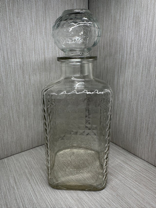 Whiskey Liquor Decanter Diamond Waffle Pattern with Round Stopper Vintage Clear Glass