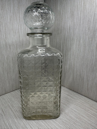 Whiskey Liquor Decanter Diamond Waffle Pattern with Round Stopper Vintage Clear Glass