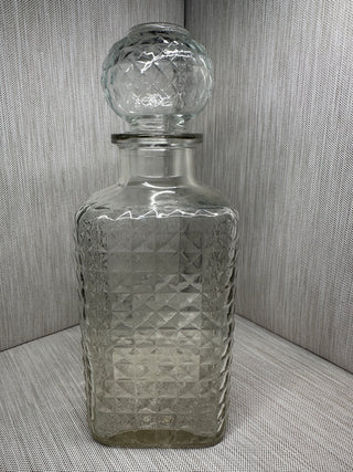 Whiskey Liquor Decanter Diamond Waffle Pattern with Round Stopper Vintage Clear Glass