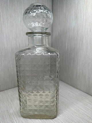 Whiskey Liquor Decanter Diamond Waffle Pattern with Round Stopper Vintage Clear Glass