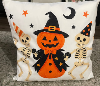 Retro Halloween Pumpkin & Dancing Skeleton Throw Pillow