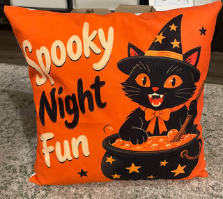 Retro “Spooky Night Fun” Black Cat Halloween Throw Pillow