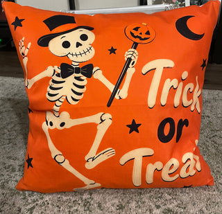 Retro “Trick or Treat” Skeleton Halloween Throw Pillow
