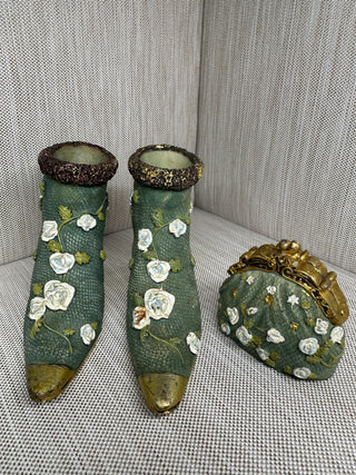 TJ's Collection 3-Piece Miniature Figurine Set – Green Victorian Boots & Purse