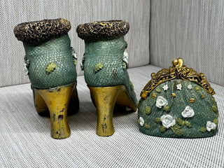TJ's Collection 3-Piece Miniature Figurine Set – Green Victorian Boots & Purse