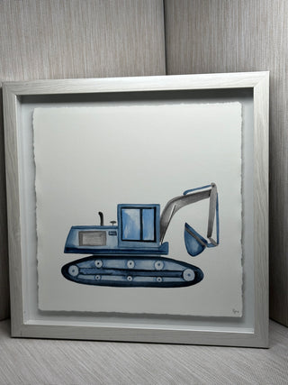 Blue Watercolor Excavator Truck Framed Wall Art 11x11 Nursery Construction Digger