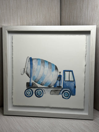 Blue Watercolor Cement Mixer Truck Framed Wall Art Deckled Edge Nursery Poster