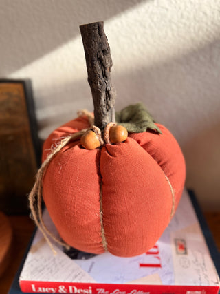 Large Orange Fabric Pumpkin w/Wood Stem