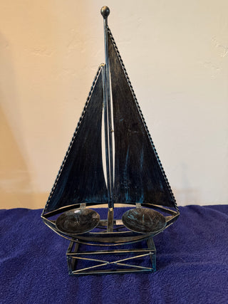 Vtg Sailboat Metal Decor Candle Holder