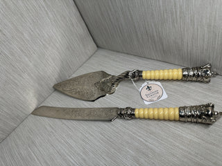 Vintage "Crown Tiara" Wedding Cake Knife & Server Set with Faux-Ivory Ribbed Handles