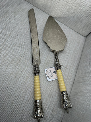 Vintage "Crown Tiara" Wedding Cake Knife & Server Set with Faux-Ivory Ribbed Handles