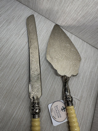 Vintage "Crown Tiara" Wedding Cake Knife & Server Set with Faux-Ivory Ribbed Handles