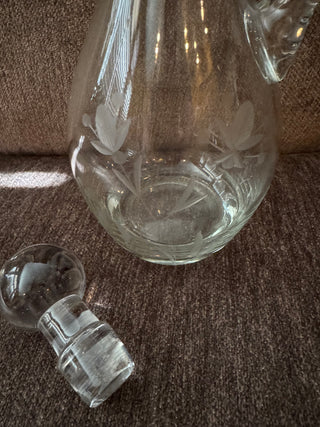 Vtg Clear Glass Etched Decanter w/ Stopper