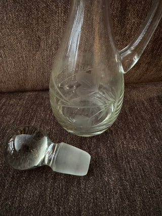 Vtg Clear Glass Etched Decanter w/ Stopper