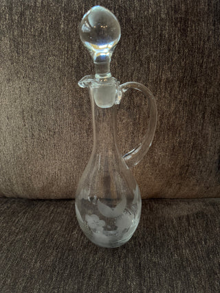 Vtg Clear Glass Etched Decanter w/ Stopper