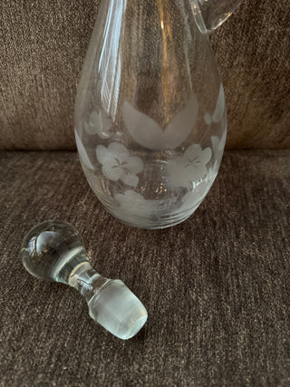 Vtg Clear Glass Etched Decanter w/ Stopper