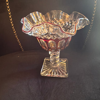 Westmoreland Wakerfield Ruby Flash Thumbprint ruffled Compote Footed bowl Signed VV
