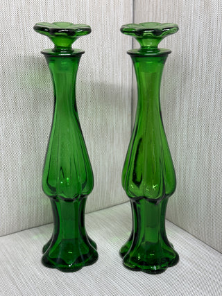 Pair - Avon Emerald Green Glass Bud Vase Flower Stopper Perfume Bottles 2 Vintage