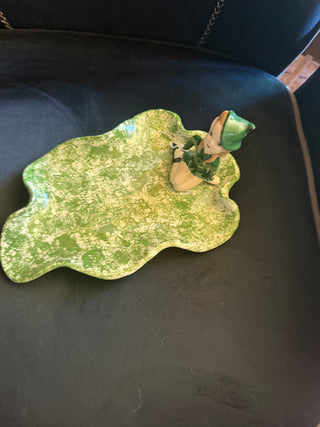 Vintage Handmade Ceramic Leaf with elf Dish signed VV