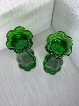 Pair - Avon Emerald Green Glass Bud Vase Flower Stopper Perfume Bottles 2 Vintage