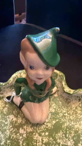 Vintage Handmade Ceramic Leaf with elf Dish signed VV