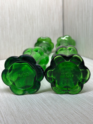 Pair - Avon Emerald Green Glass Bud Vase Flower Stopper Perfume Bottles 2 Vintage