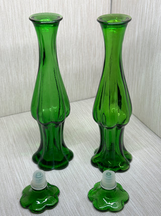 Pair - Avon Emerald Green Glass Bud Vase Flower Stopper Perfume Bottles 2 Vintage