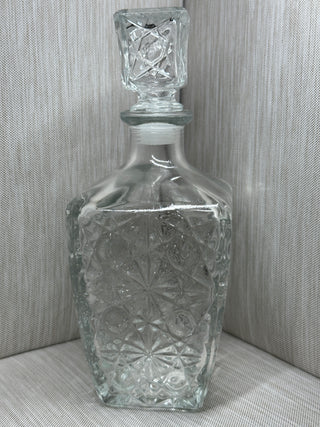 Clear Cut Glass Whiskey Decanter Square Liquor Bottle No Mark 9.5" Vintage