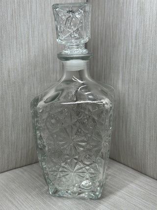 Clear Cut Glass Whiskey Decanter Square Liquor Bottle No Mark 9.5" Vintage