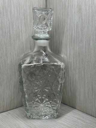 Clear Cut Glass Whiskey Decanter Square Liquor Bottle No Mark 9.5" Vintage