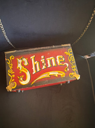 Vintage Wood  & Metal Accent Shoe Shine Box 5 cents Shine Circus Carnival Theme VV
