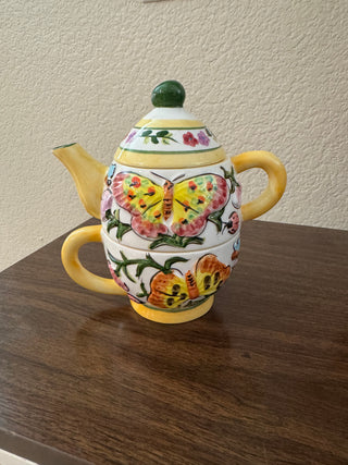 Vintage 3 piece Floral Butterfly Teapot For one