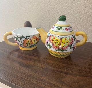 Vintage 3 piece Floral Butterfly Teapot For one