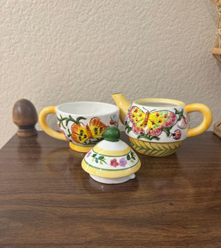 Vintage 3 piece Floral Butterfly Teapot For one