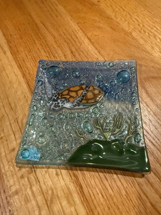 Hand Painted Square Glass Turtle Soap Dish