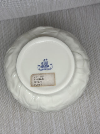 Belleek Ireland Lotus Porcelain Open Sugar Bowl Gold Trim Blue Mark 1993 Vintage