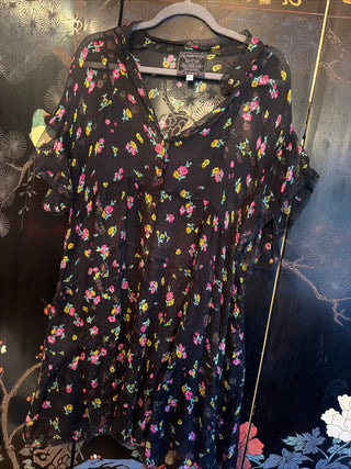 Johnny Was Medium Natalia Tiered 100% Silk Chiffon Mini  & Slip, Black, & Floral VV