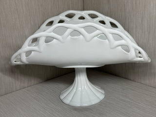 Westmoreland Milk Glass Open Lattice Banana Boat Pedestal Bowl 13" Vintage