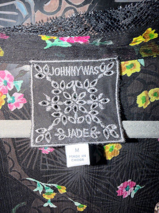 Johnny Was Medium Natalia Tiered 100% Silk Chiffon Mini  & Slip, Black, & Floral VV