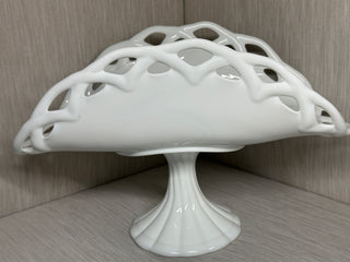 Westmoreland Milk Glass Open Lattice Banana Boat Pedestal Bowl 13" Vintage