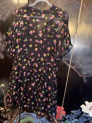 Johnny Was Medium Natalia Tiered 100% Silk Chiffon Mini  & Slip, Black, & Floral VV
