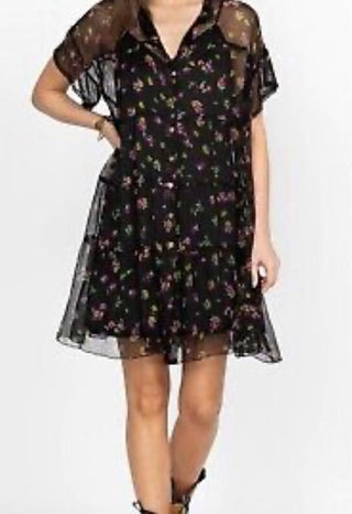 Johnny Was Medium Natalia Tiered 100% Silk Chiffon Mini  & Slip, Black, & Floral VV