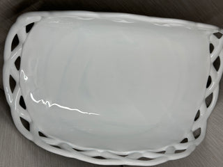 Westmoreland Milk Glass Open Lattice Banana Boat Pedestal Bowl 13" Vintage