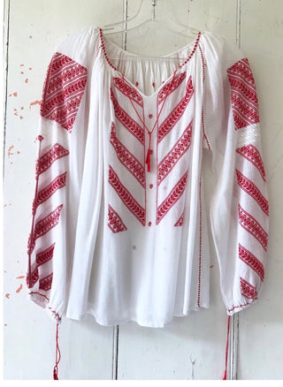 Vintage embroidered folk blouse red and white Size Small