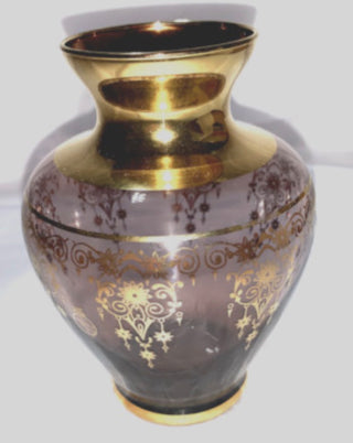 Vecchia Murano amber art glass vase featuring 24k gold gilt and floral scroll