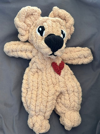 Tan hand knit Snuggly Bear w/red heart