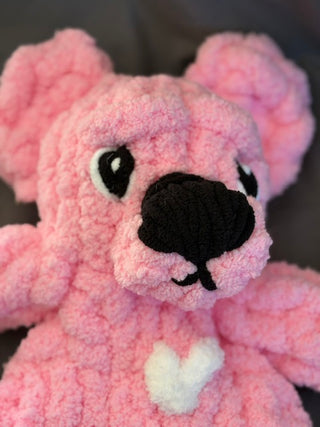 Pink hand knit Snuggly Bear w/red heard